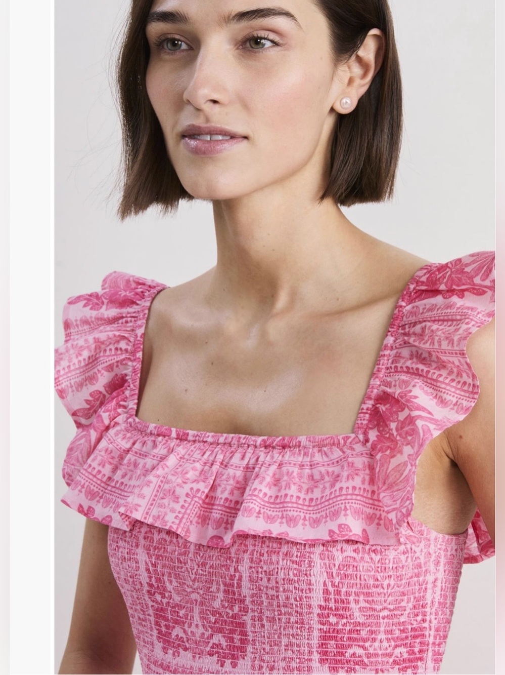 Vineyard Vines Midi Dress-Pink Cotton Smocked Ruffle Square-Neck - Picture 5 of 12